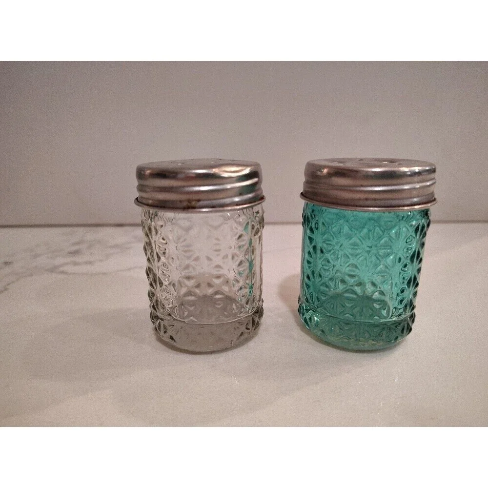 Vintage Glass Salt and Pepper Green and Clear Daisy Sunburst